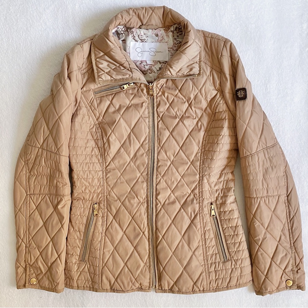Jessica Simpson Quilted Jacket Floral Lining Tan